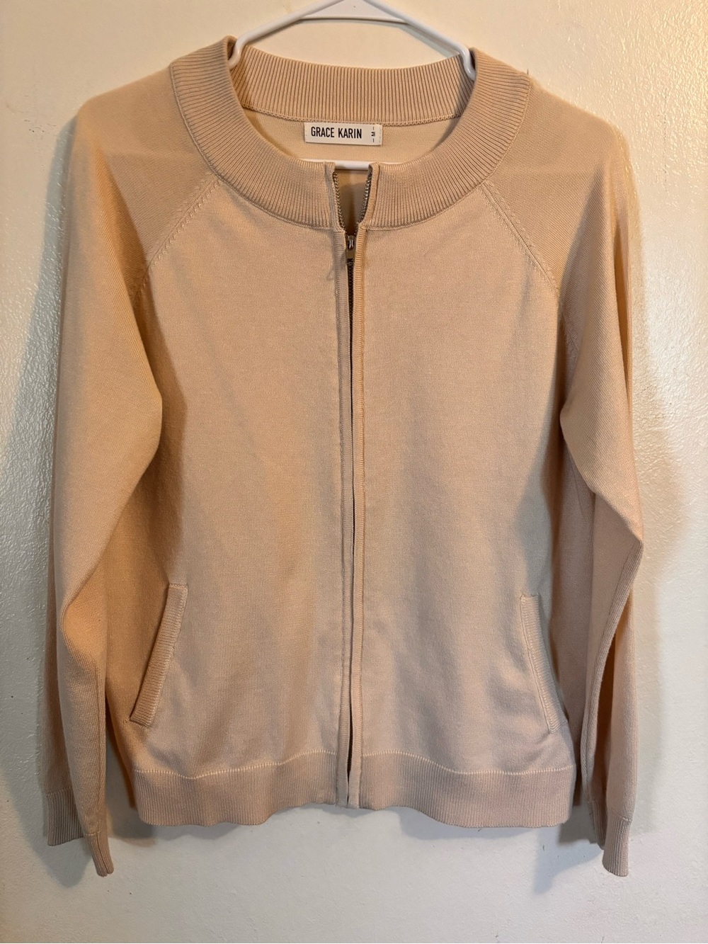 Grace Karin Light Beige Zip-Up Bomber Jacket